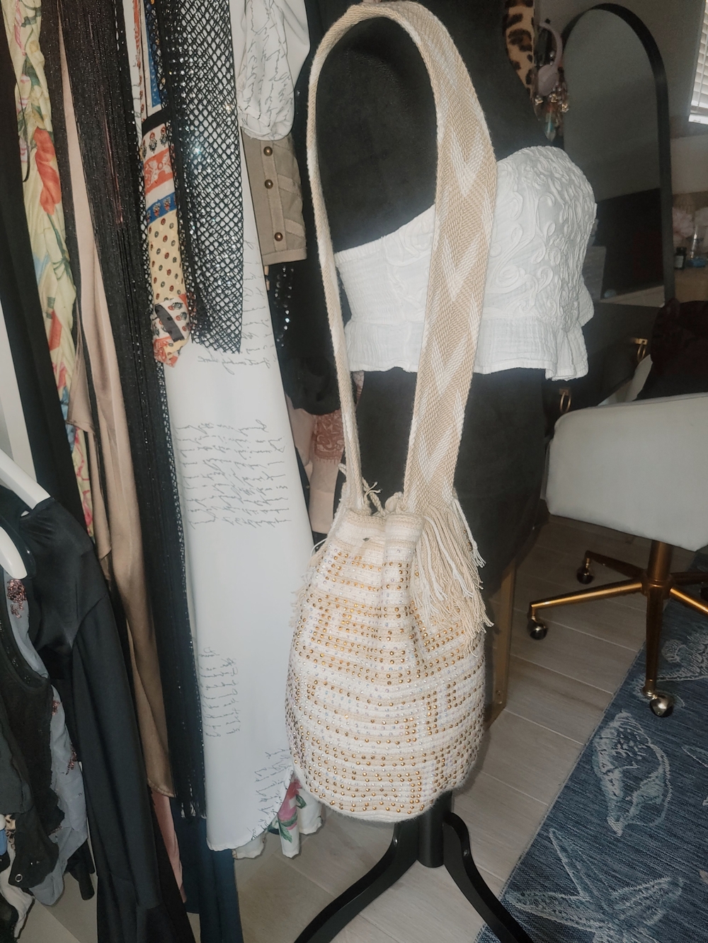 Woven Cream & Gold Beaded Bucket Bag - Shoulder Crossbody